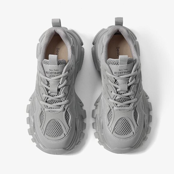 Women Grey Chunky Sneakers Casual Lace-up Walking Shoes - Picture 2 of 7